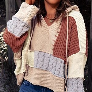 Color Block Mixed Knit Hooded Sweater